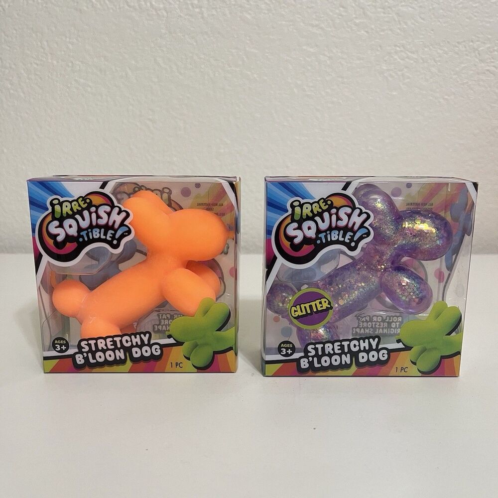 JA-RU Irre-Squish-tible Stretchy B'Loon Dog Lot of 2 Orange & Purple Glitter NEW
